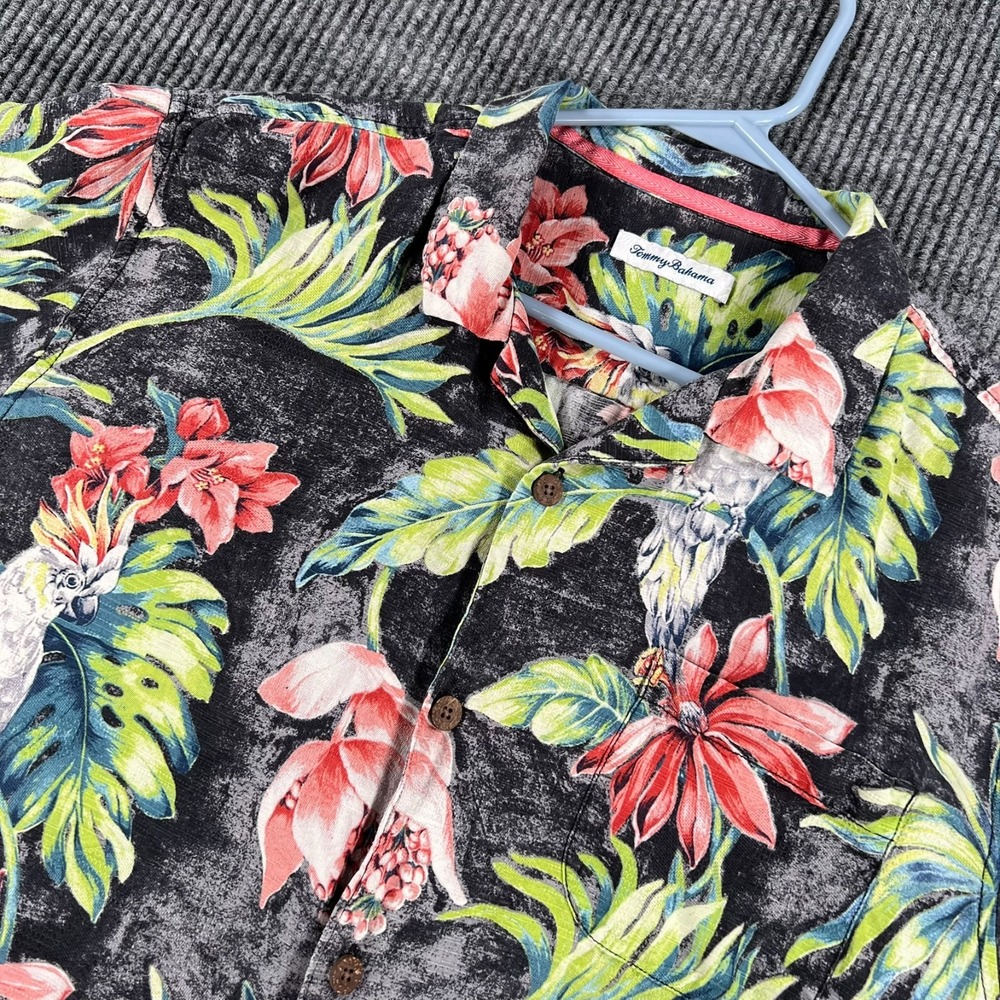 Tommy Bahama Shirt Mens Large Black Green Floral Birds Silk Short Sleeve Button
